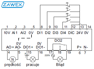Schemat podłączenia silnika do falownikia V20 - makro Cn006
