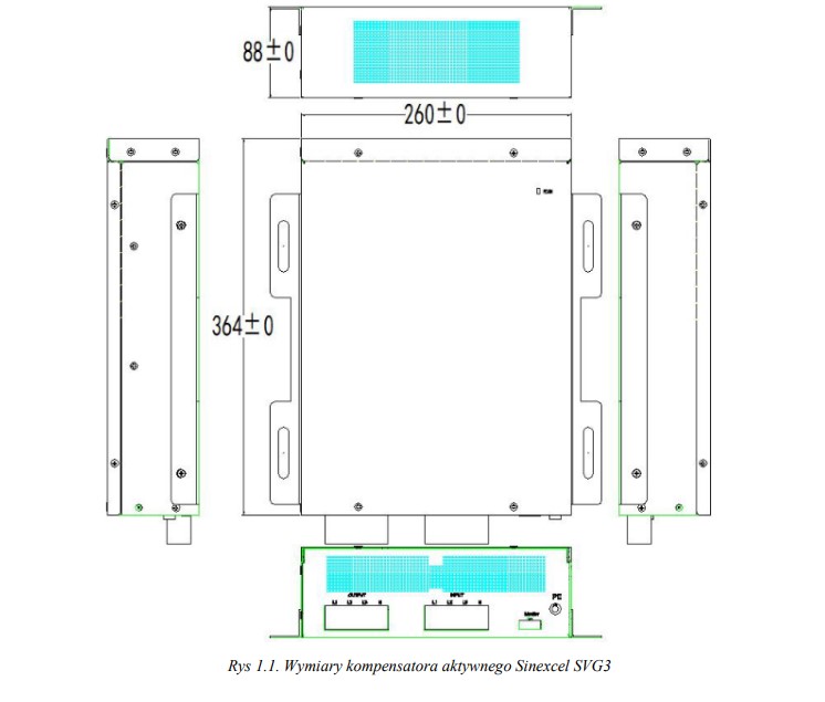 Wymiary aktywnego kompensatora SVG3 kVAr